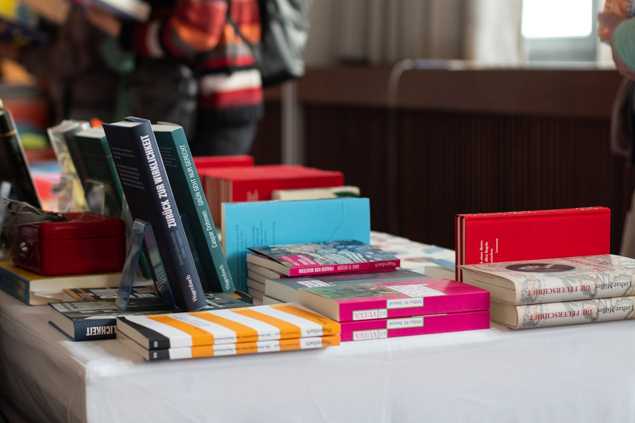 Explore a variety of books on display at a Stuttgart book fair event, perfect for literary enthusiasts.