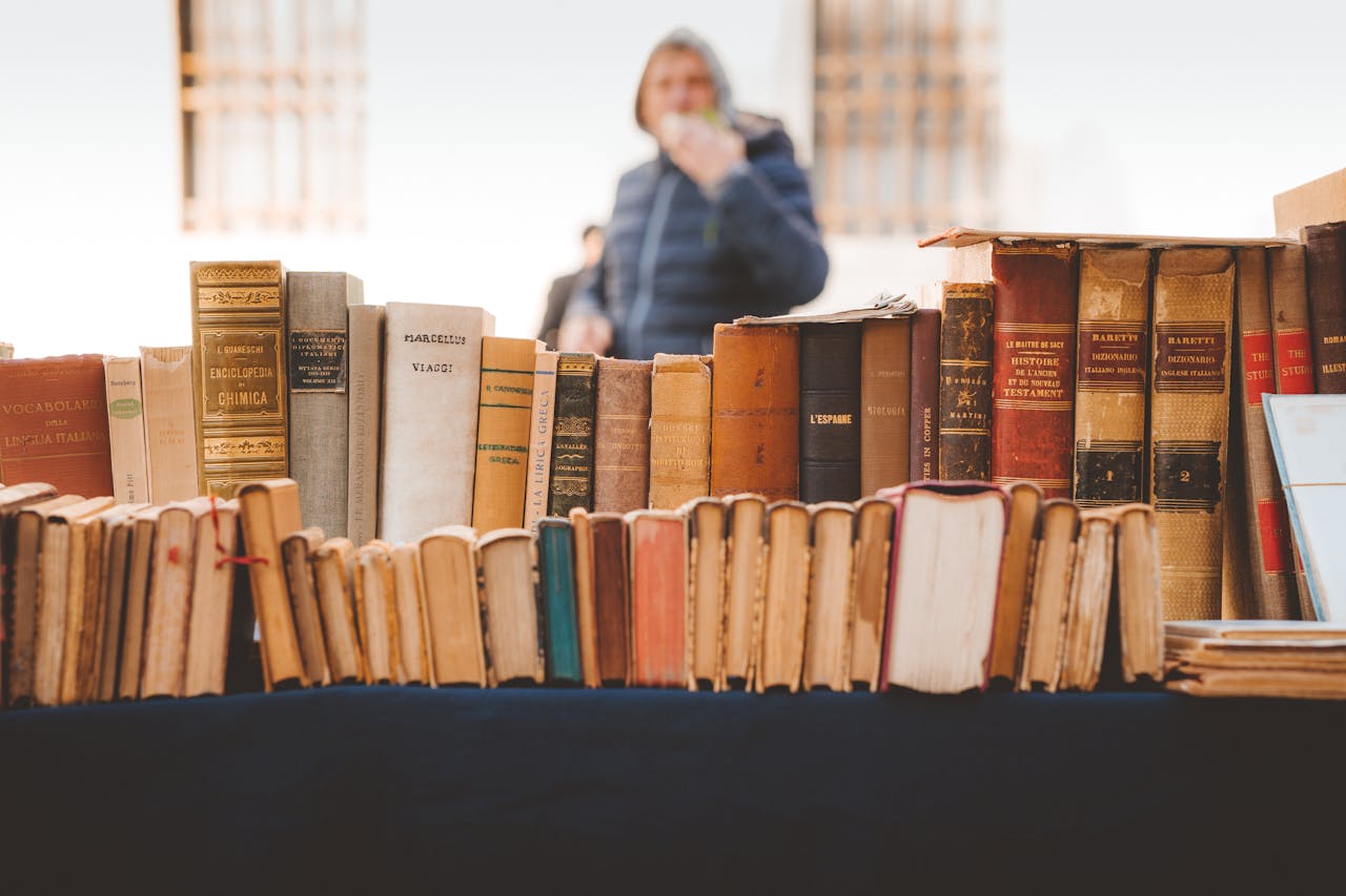 A collection of vintage books on display at an outdoor market in Rovereto, Italy.